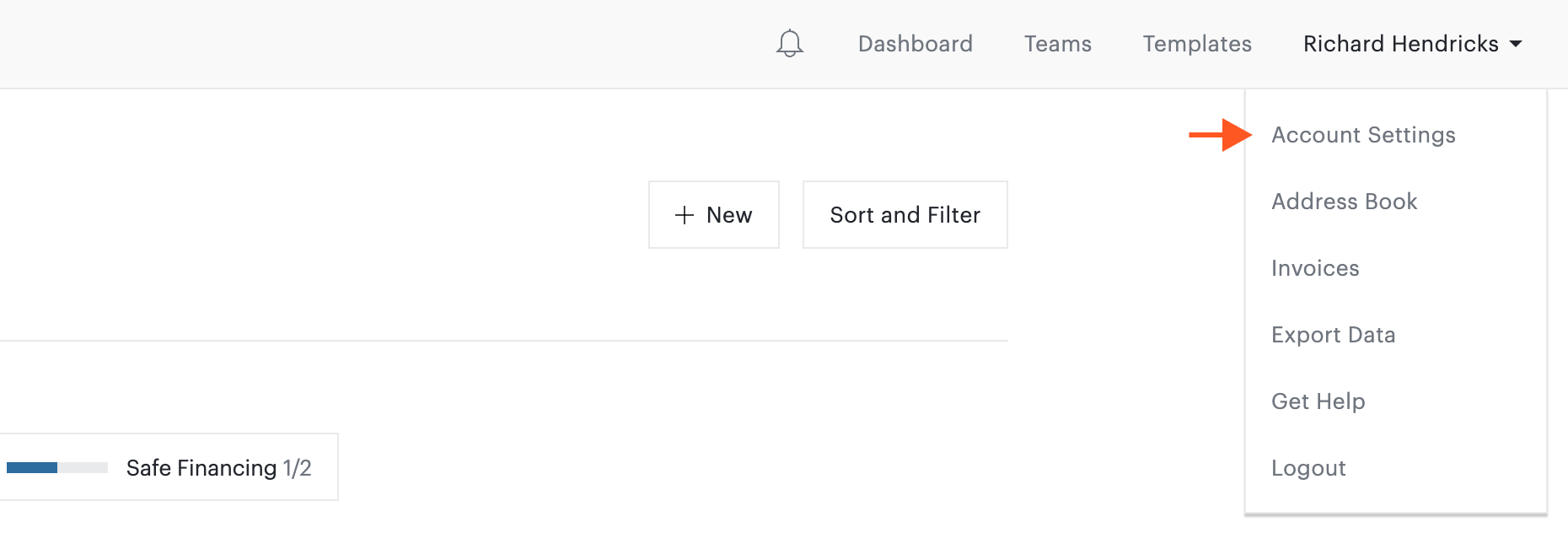 Accessing Account Settings by clicking on user name or email address