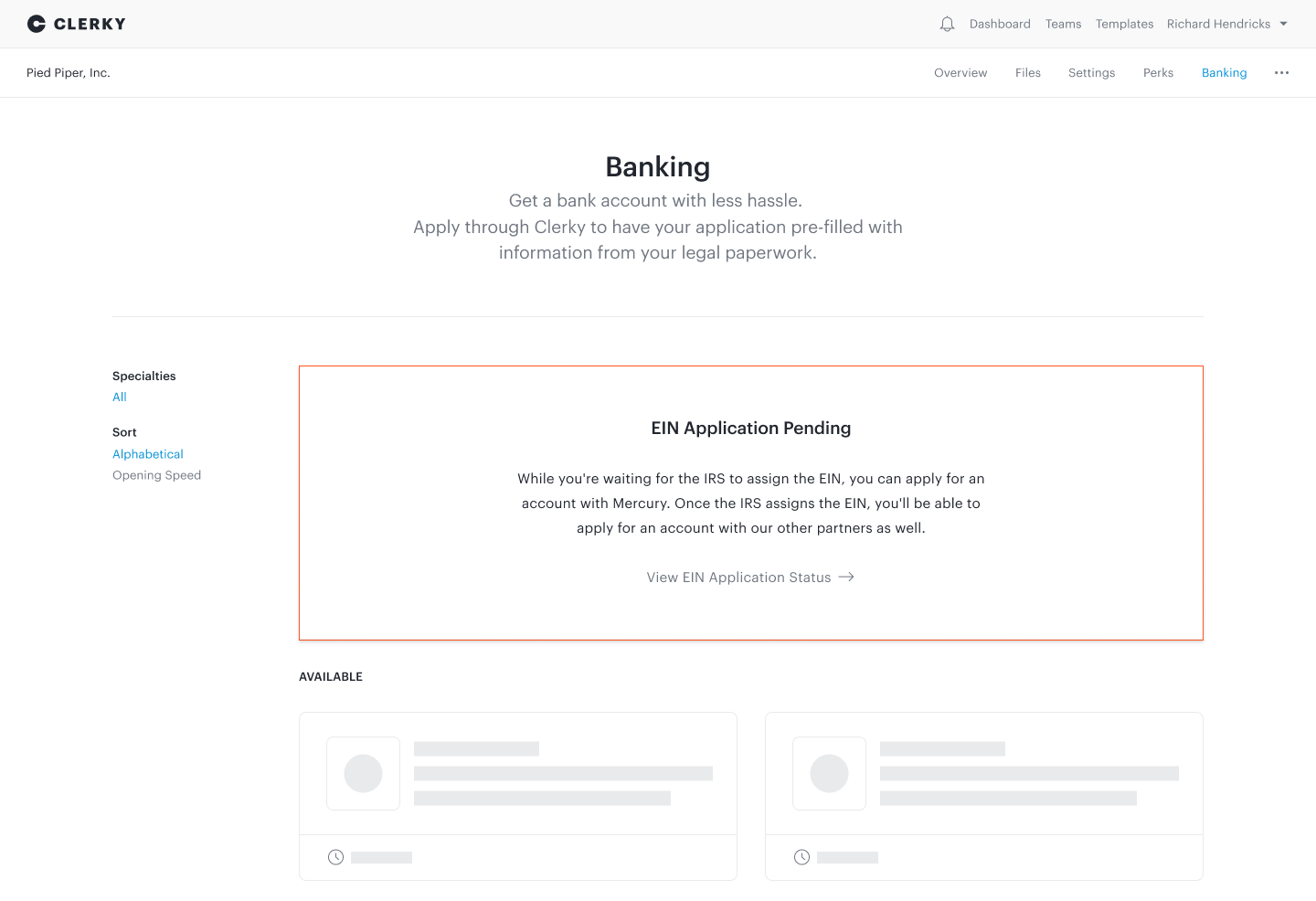 Banking options on Clerky while waiting for EIN