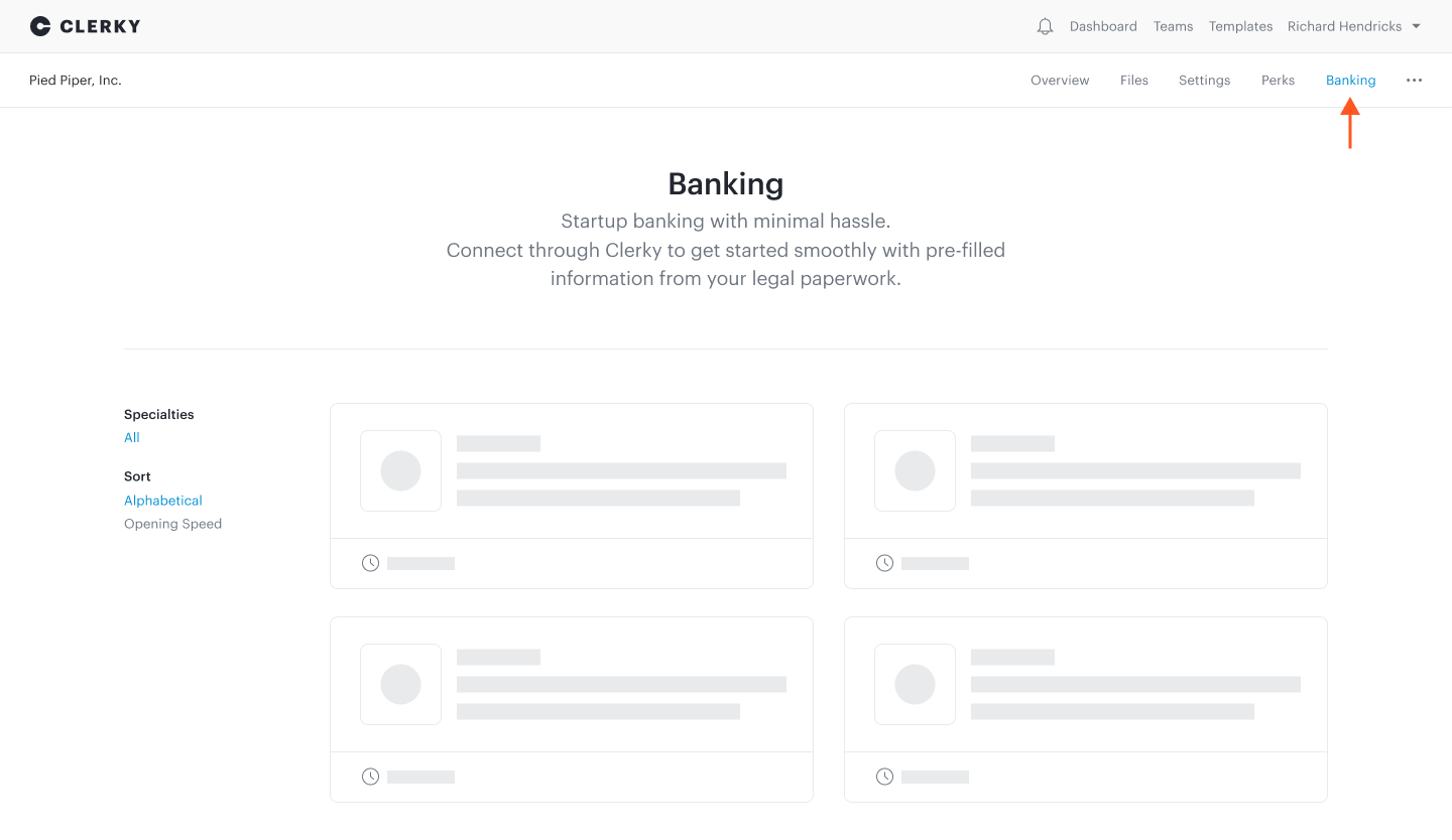 Your banking page on Clerky