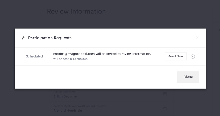 Participation Requests dialog box showing Send Now button